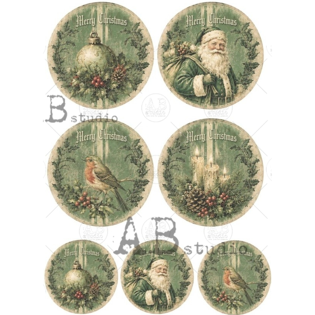 Seven ornament round designs featuring birds, candles and santa against a green background with Merry Christmas printed at the top.