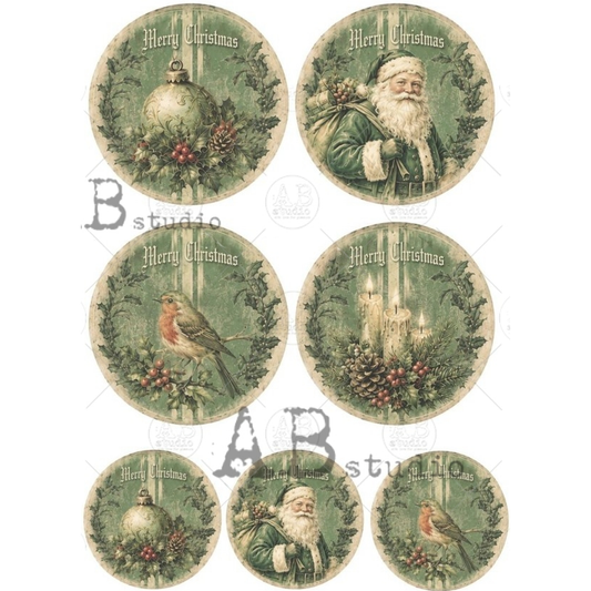 Seven ornament round designs featuring birds, candles and santa against a green background with Merry Christmas printed at the top.