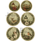 Six ornament round designs featuring various vinage style holiday images with the words, "Merry Christmas" printed at the top.