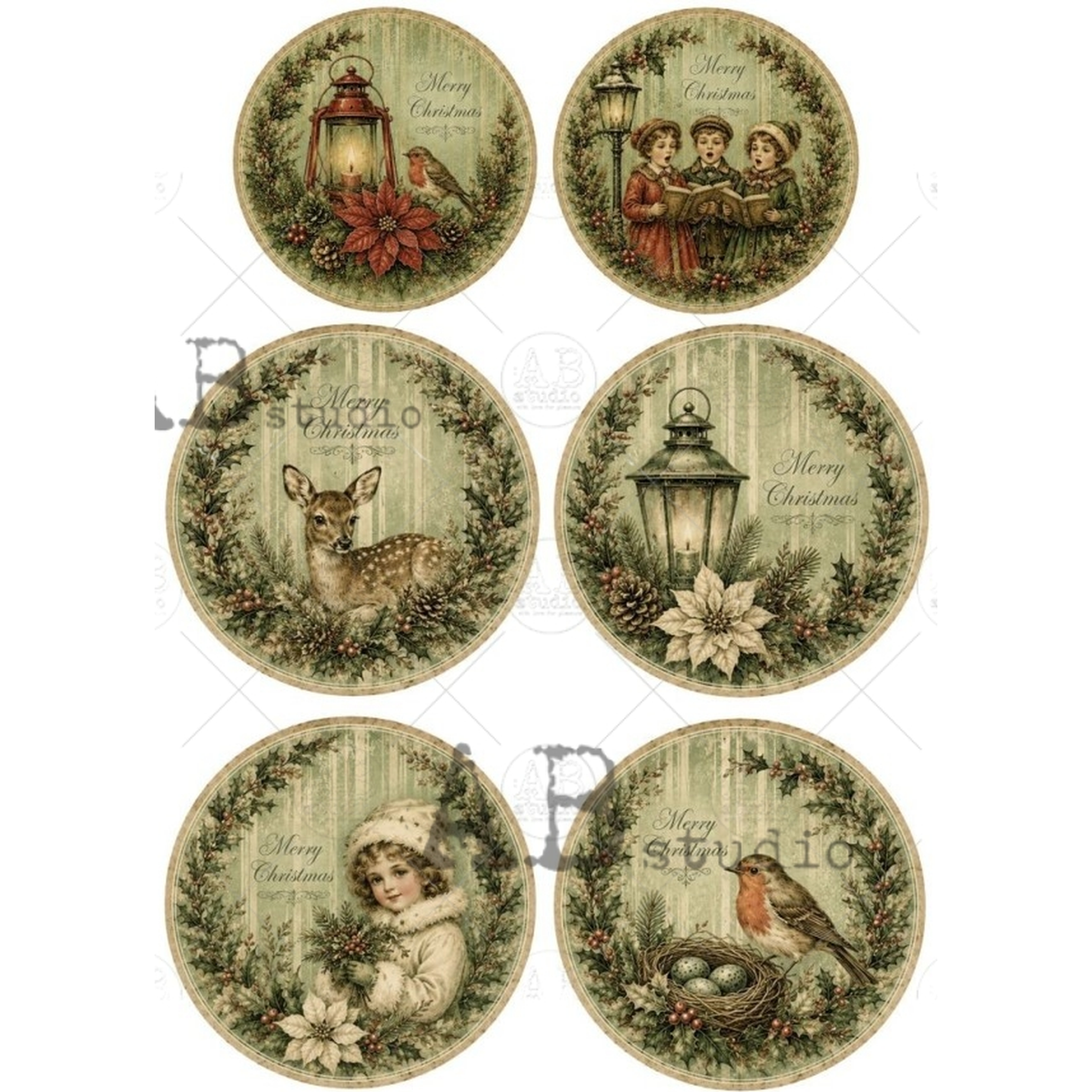 Six ornament round designs featuring various vinage style holiday images with the words, "Merry Christmas" printed at the top.