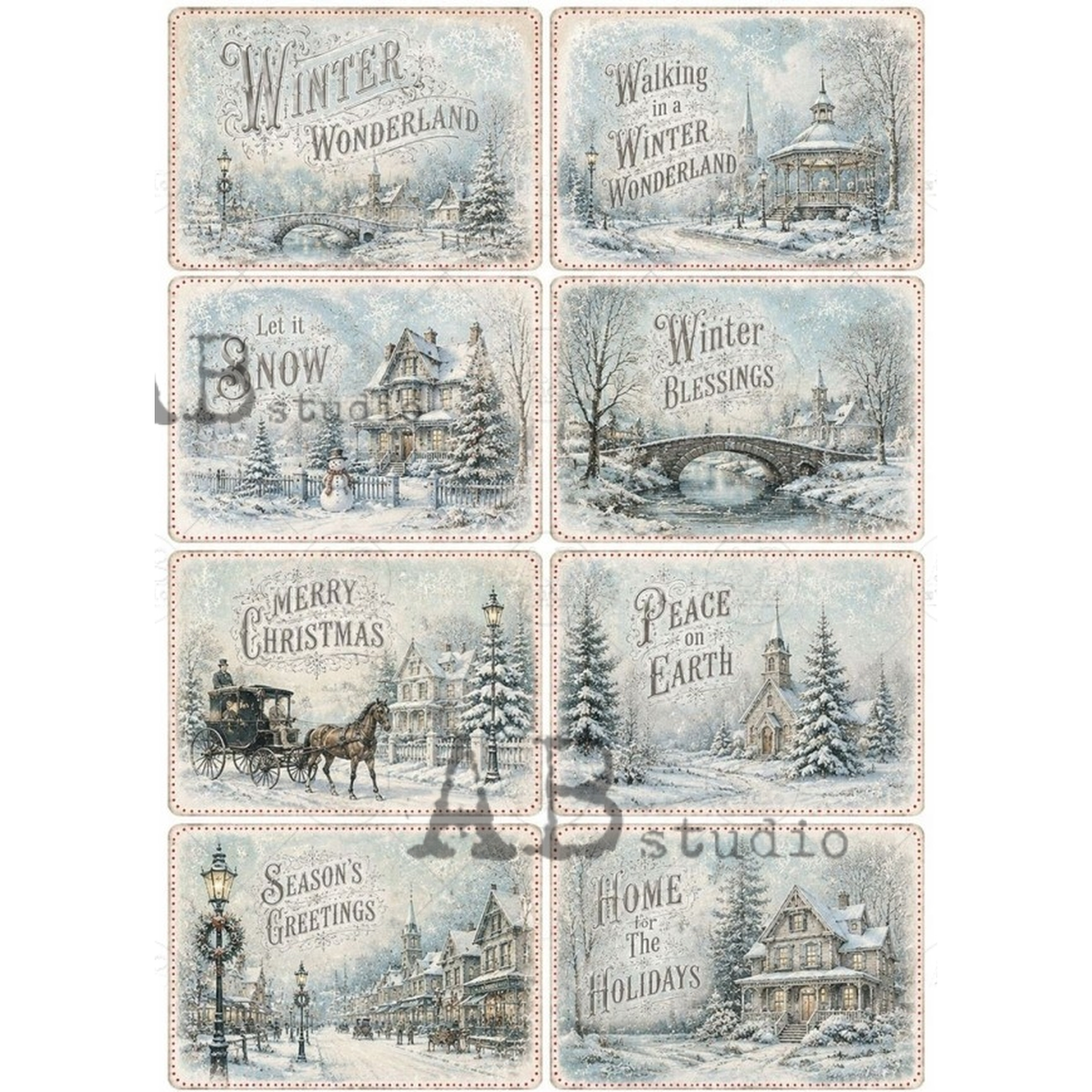 Eight tag sized imags with various christmas wishes in text over winter holiday scenes with a blue background.