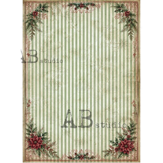 Green stripes framed by Poinsettias in each corner with a red border.