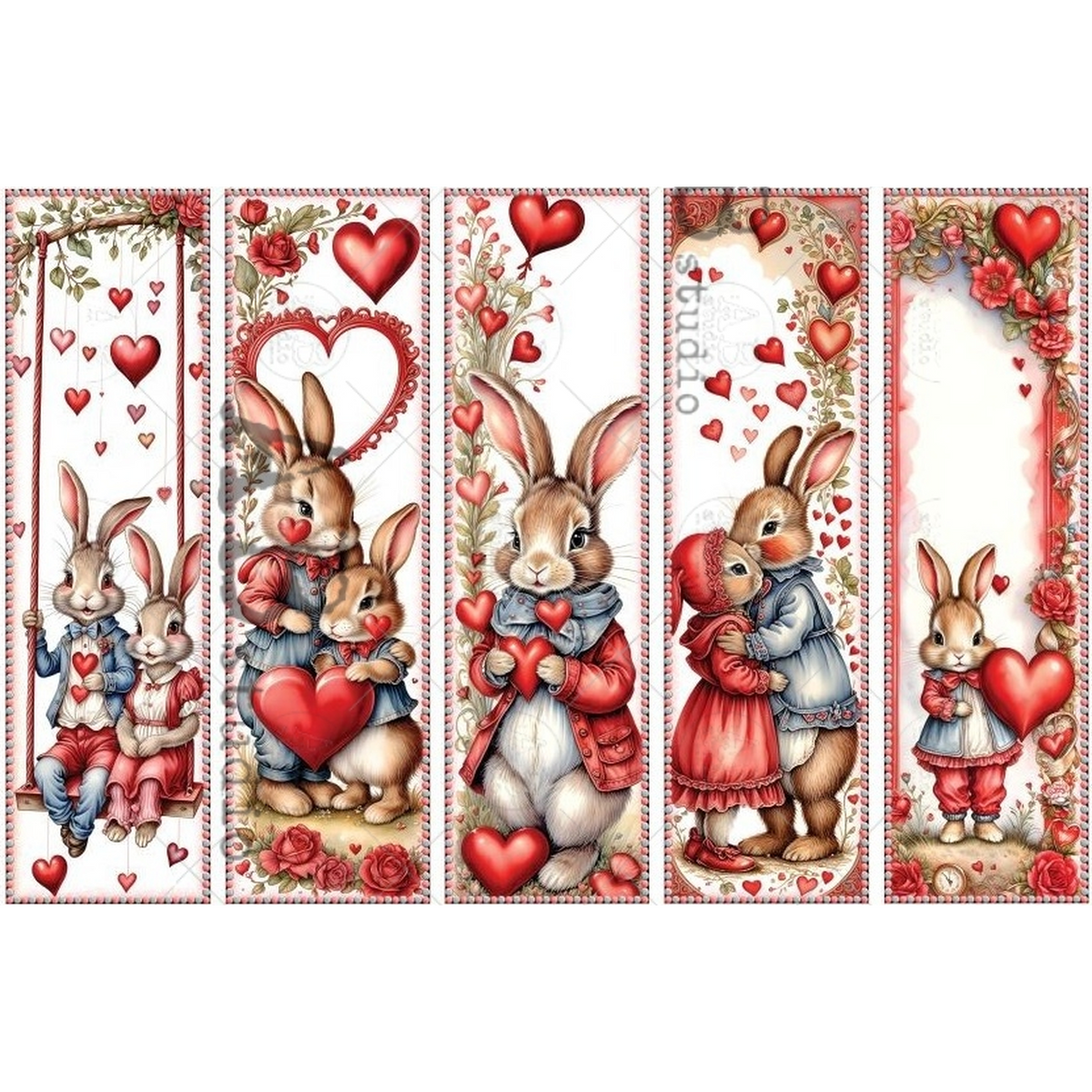 Five horizontal decorative banners featuring illustrated rabbits, hearts, roses, and red ribbon borders.