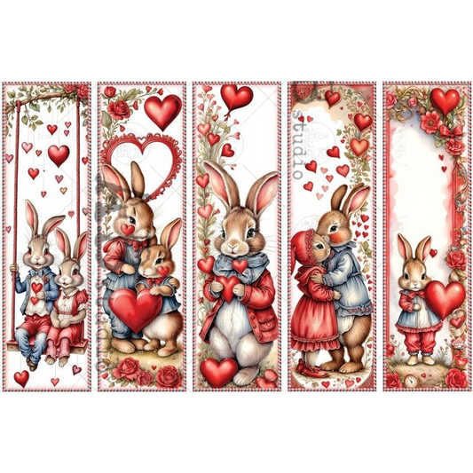 Five horizontal decorative banners featuring illustrated rabbits, hearts, roses, and red ribbon borders.
