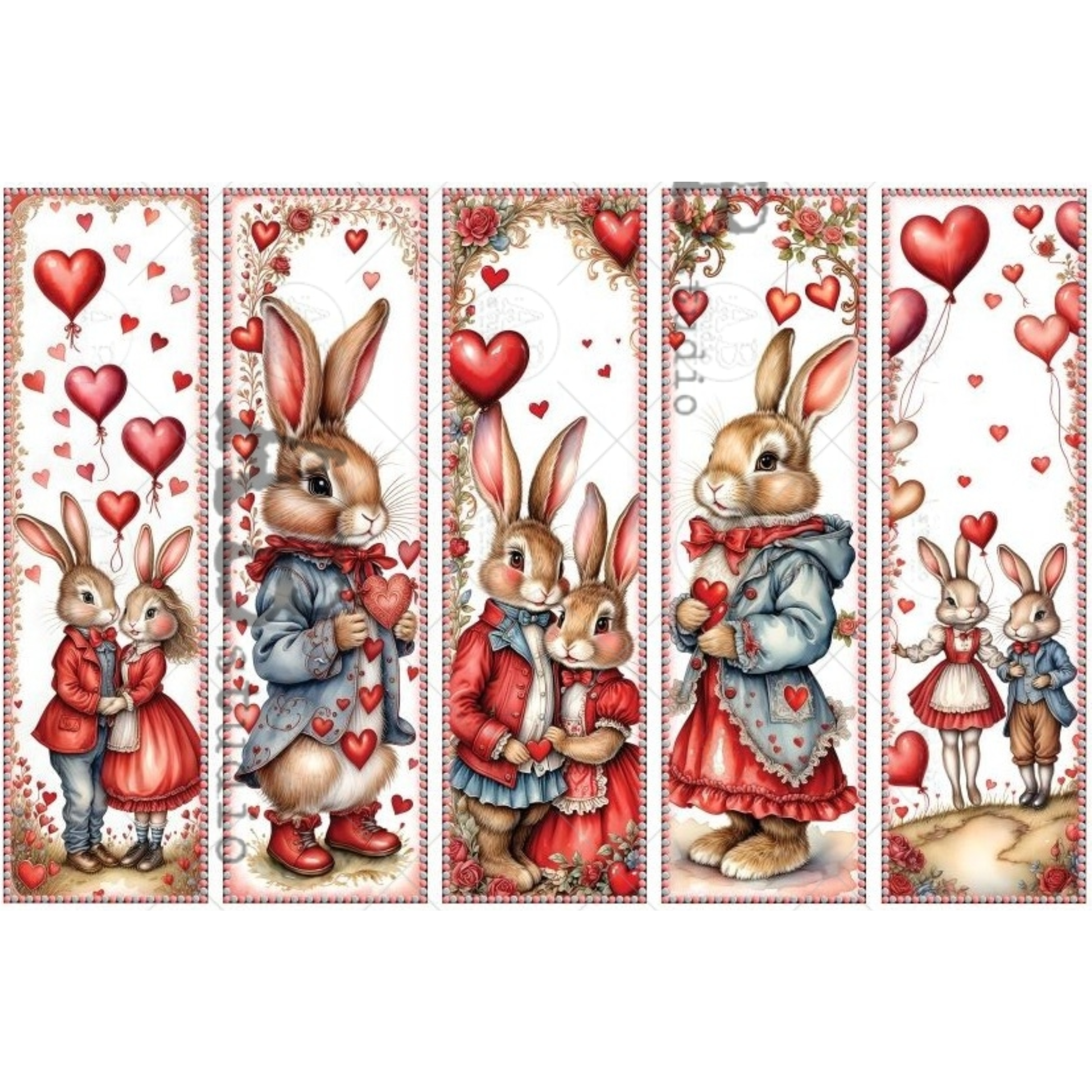 Illustrations of bunnies in Valentine's Day outfits with hearts and balloons on a white background.