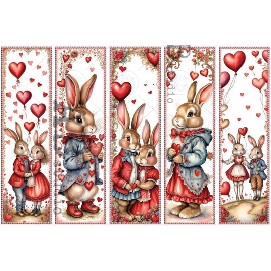 Illustrations of bunnies in Valentine's Day outfits with hearts and balloons on a white background.