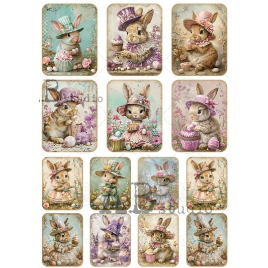 Set of 16 vintage-style mini images featuring rabbits in hats and dresses on a white background.