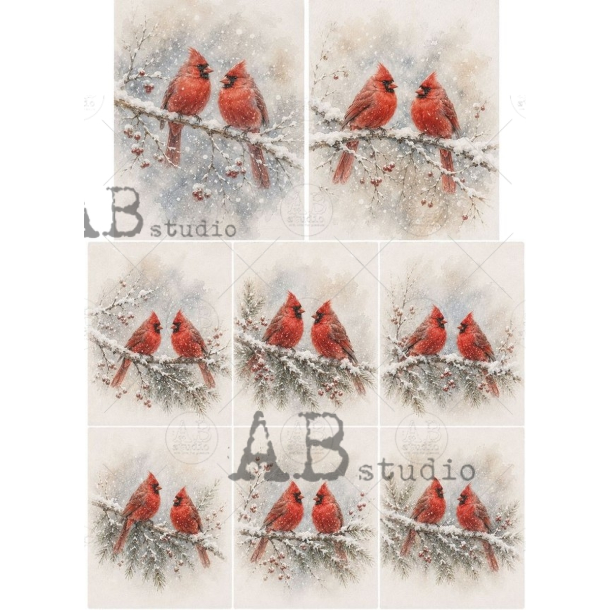 Eight illustrated images of cardinals on snowy branches.