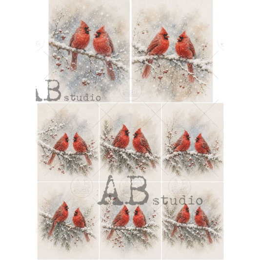 Eight illustrated images of cardinals on snowy branches.