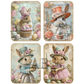 Four decorative images featuring rabbits in vintage attire with Easter-themed items.