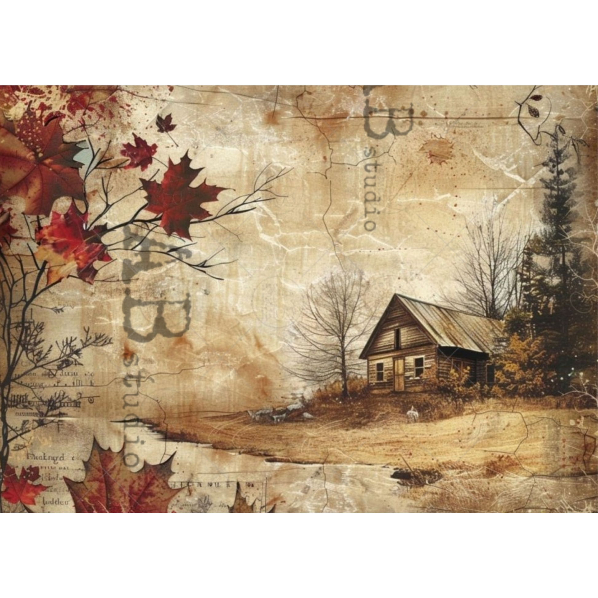 A rustic autumn-themed design featuring a small wooden cabin, bare trees, red maple leaves, and vintage-style text and map textures on a warm beige background.