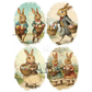 Set of vintage-style illustrations of rabbits with Easter baskets on a white background.