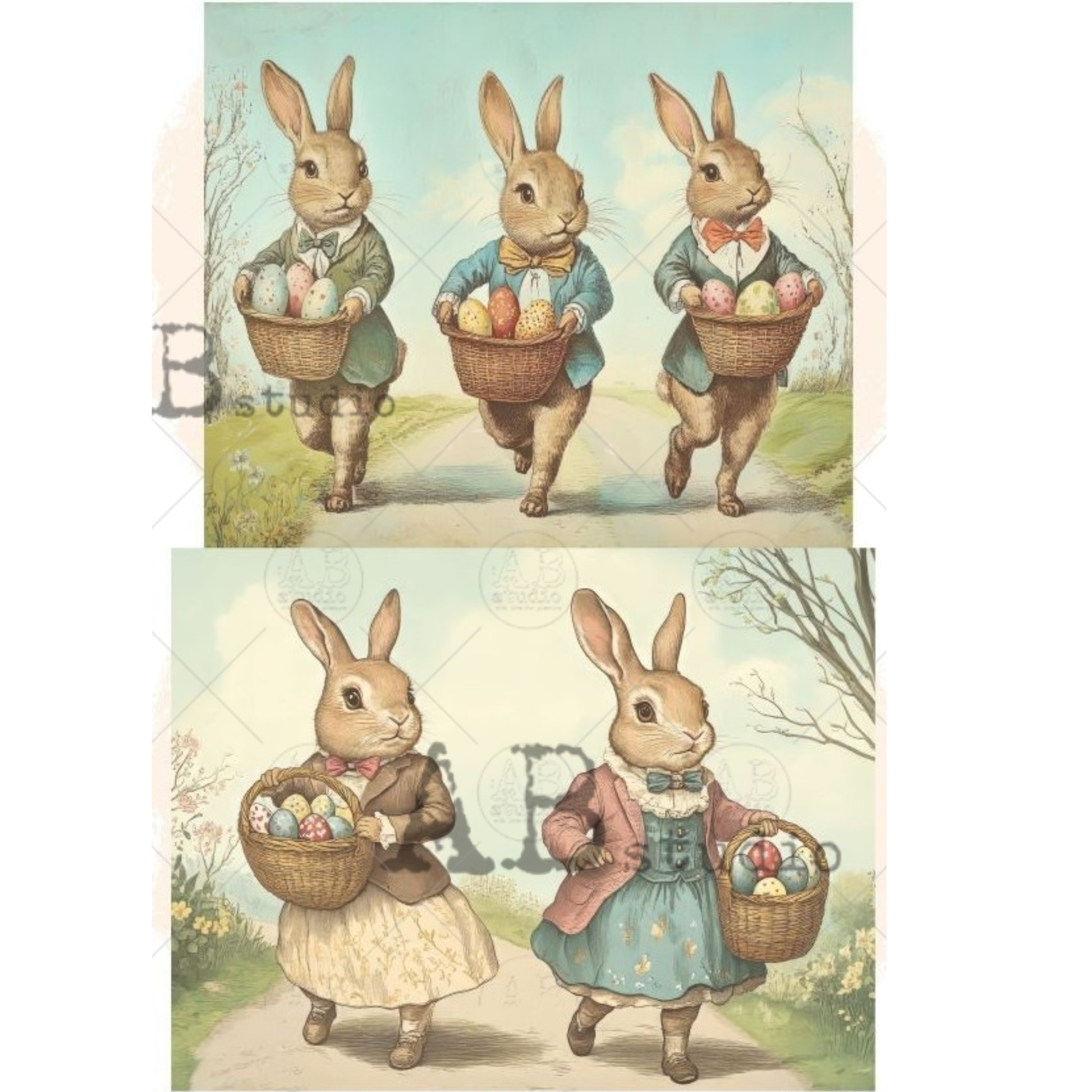 Two sets of illustrations featuring rabbits with baskets of Easter eggs in a vintage style.