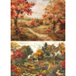 Two painted autumn landscapes: the top panel depicts a path through red and orange trees toward a small cabin, and the bottom panel shows a more detailed garden and cottage scene with varied foliage and sky.