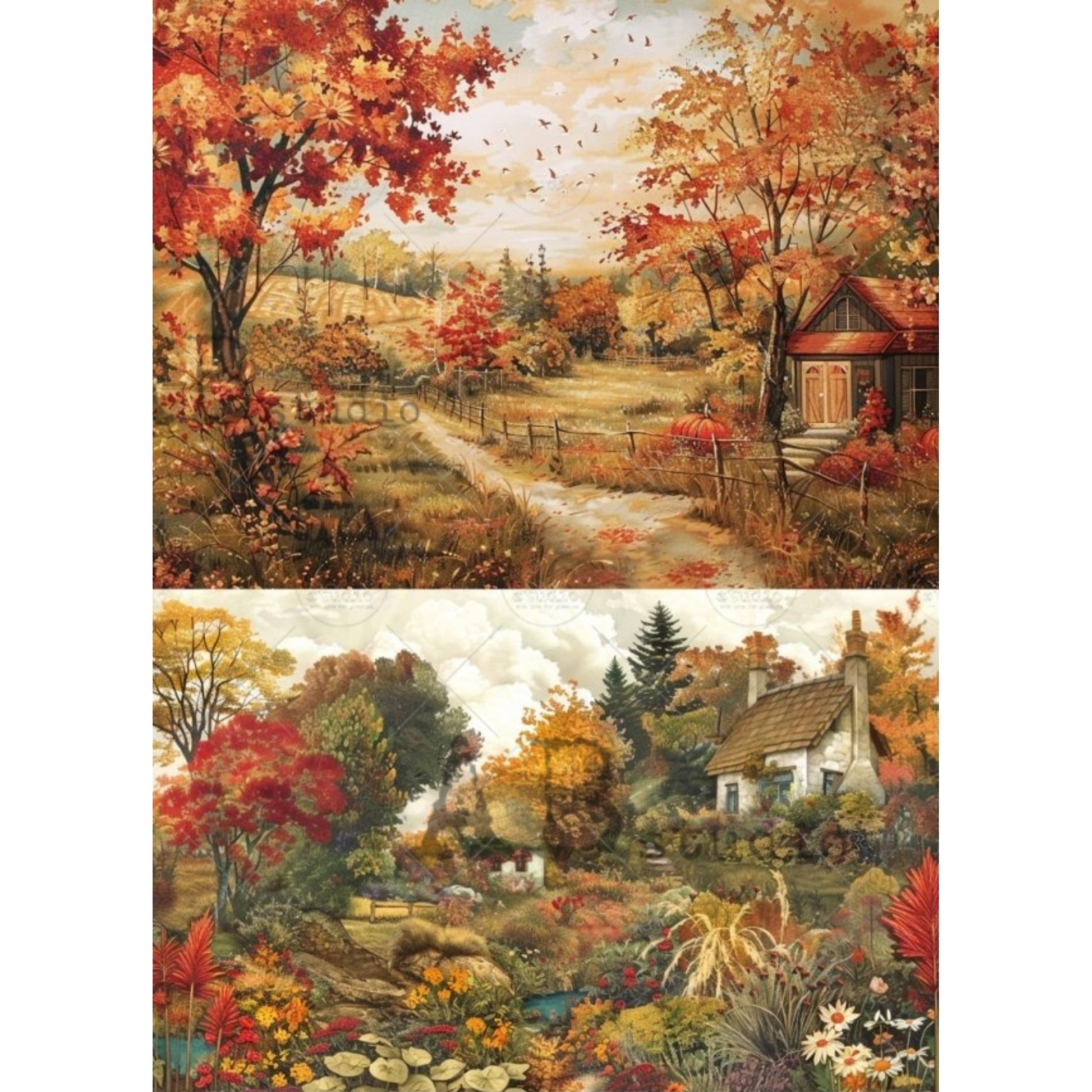 Two painted autumn landscapes: the top panel depicts a path through red and orange trees toward a small cabin, and the bottom panel shows a more detailed garden and cottage scene with varied foliage and sky.