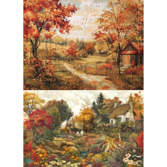 Two painted autumn landscapes: the top panel depicts a path through red and orange trees toward a small cabin, and the bottom panel shows a more detailed garden and cottage scene with varied foliage and sky.