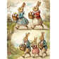 Illustration of rabbits in vintage clothing with Easter eggs, set against a scenic background.
