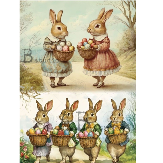 Illustration of rabbits in vintage outfits holding Easter baskets with eggs.