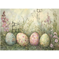 Decorative image of Easter eggs with floral patterns in a grassy setting.
