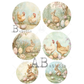 Set of six circular illustrations featuring chickens, bunnies, and Easter eggs.