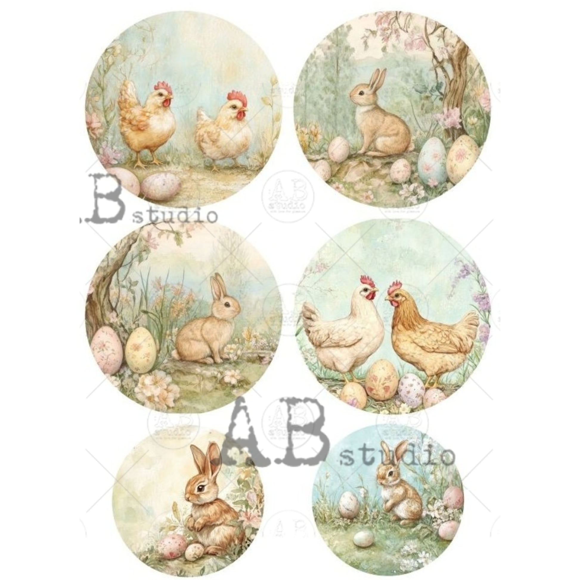 Set of six circular illustrations featuring chickens, bunnies, and Easter eggs.