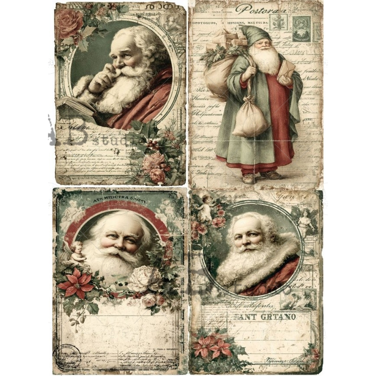 Four vintage style images of Santas in different poses printed over vintage postcard images.