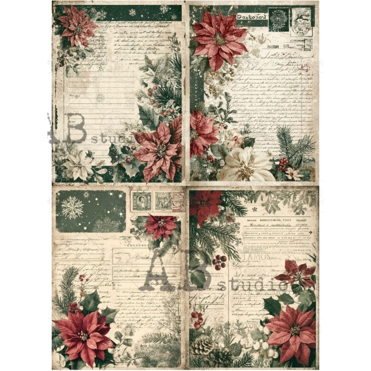 Four vintage style images of poinsettias on scripted text with pinecones and  postmarks.