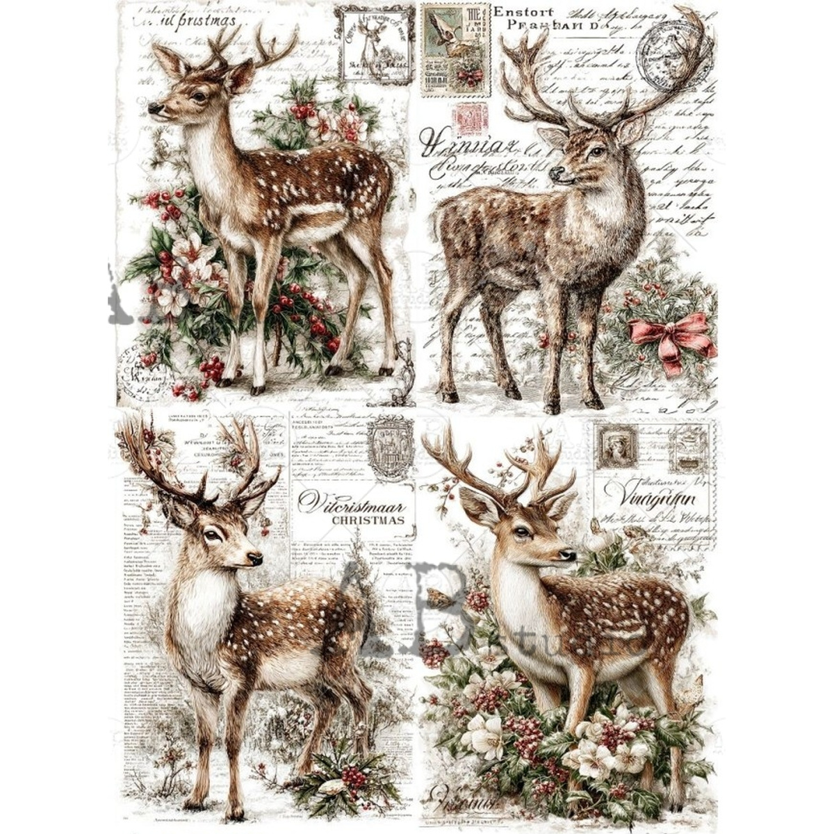 Four illustrated images of bucks and reindeer imposed over vintage postcards.