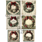 Six illustrated images of various holiday wreaths in muted tones of green, red and sepia over printed text.