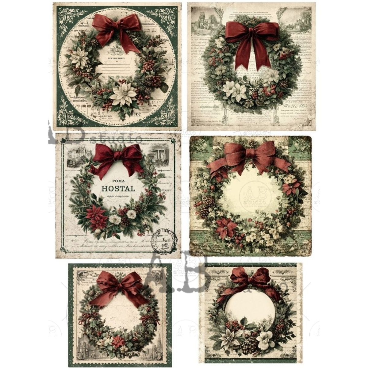 Six illustrated images of various holiday wreaths in muted tones of green, red and sepia over printed text.