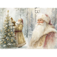 Two illustrated image of santa; one decorating a forest tree-the other in a formal pose.