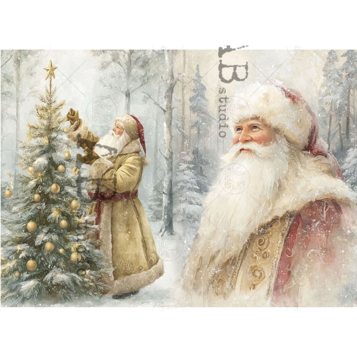 Two illustrated image of santa; one decorating a forest tree-the other in a formal pose.