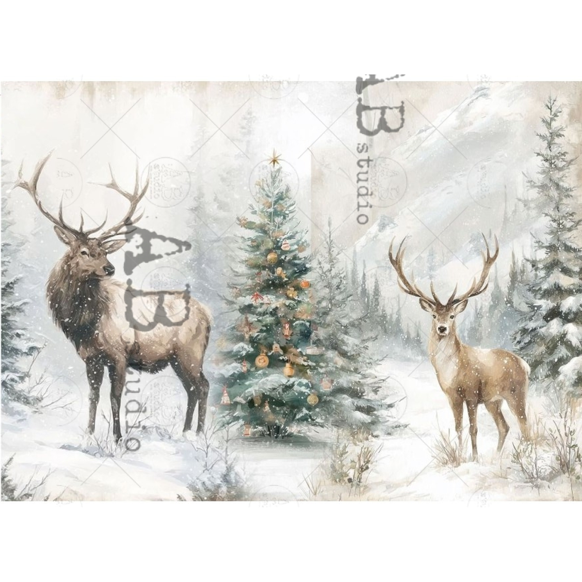Two scenes of elk in a snowy forest.