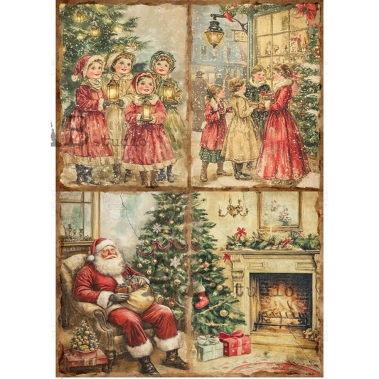 4 vintage style Christmas scenes, including Santa by the tree, a cozy fireplace and Christmas carolers.