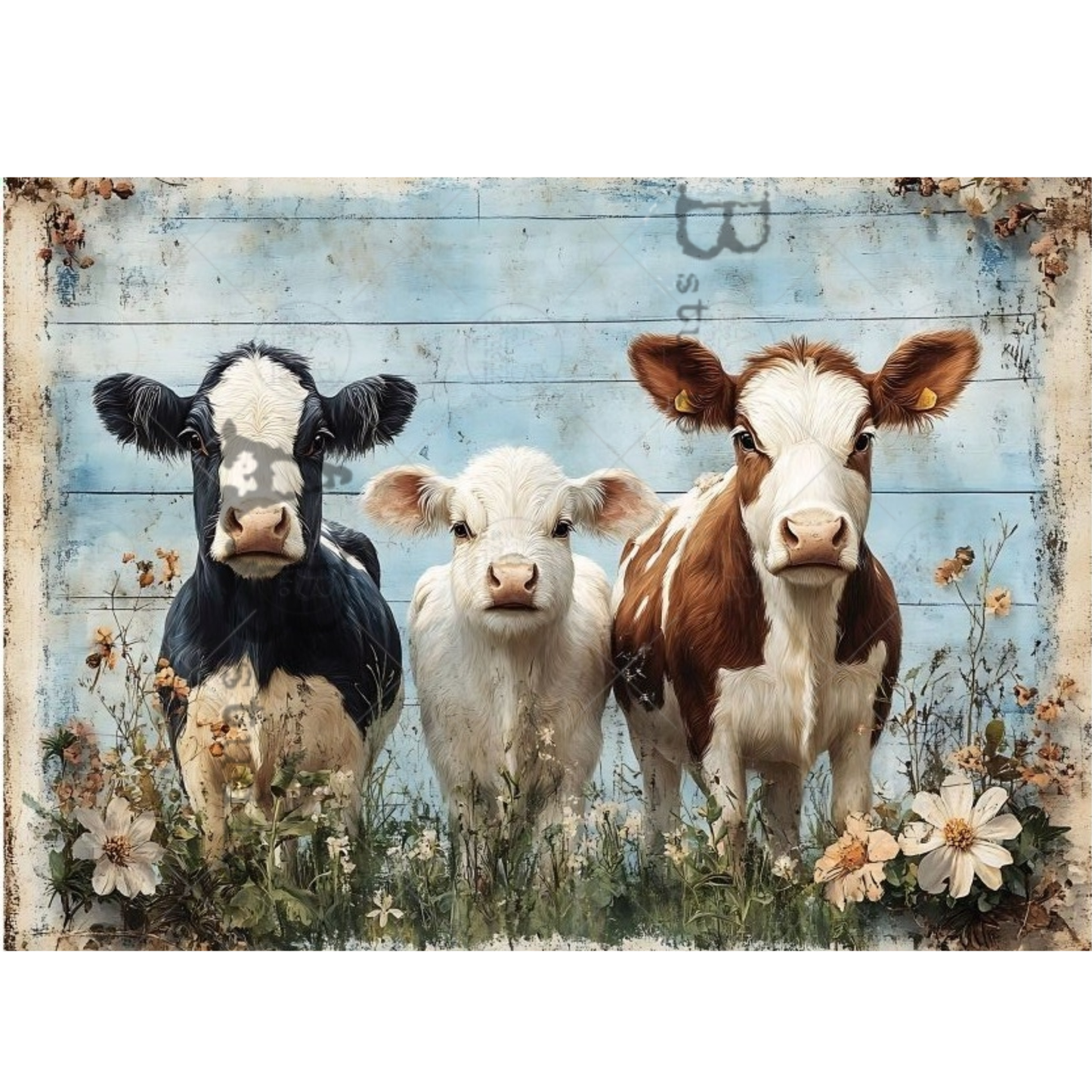 Three cows standing together with a rustic wooden background and flowers.