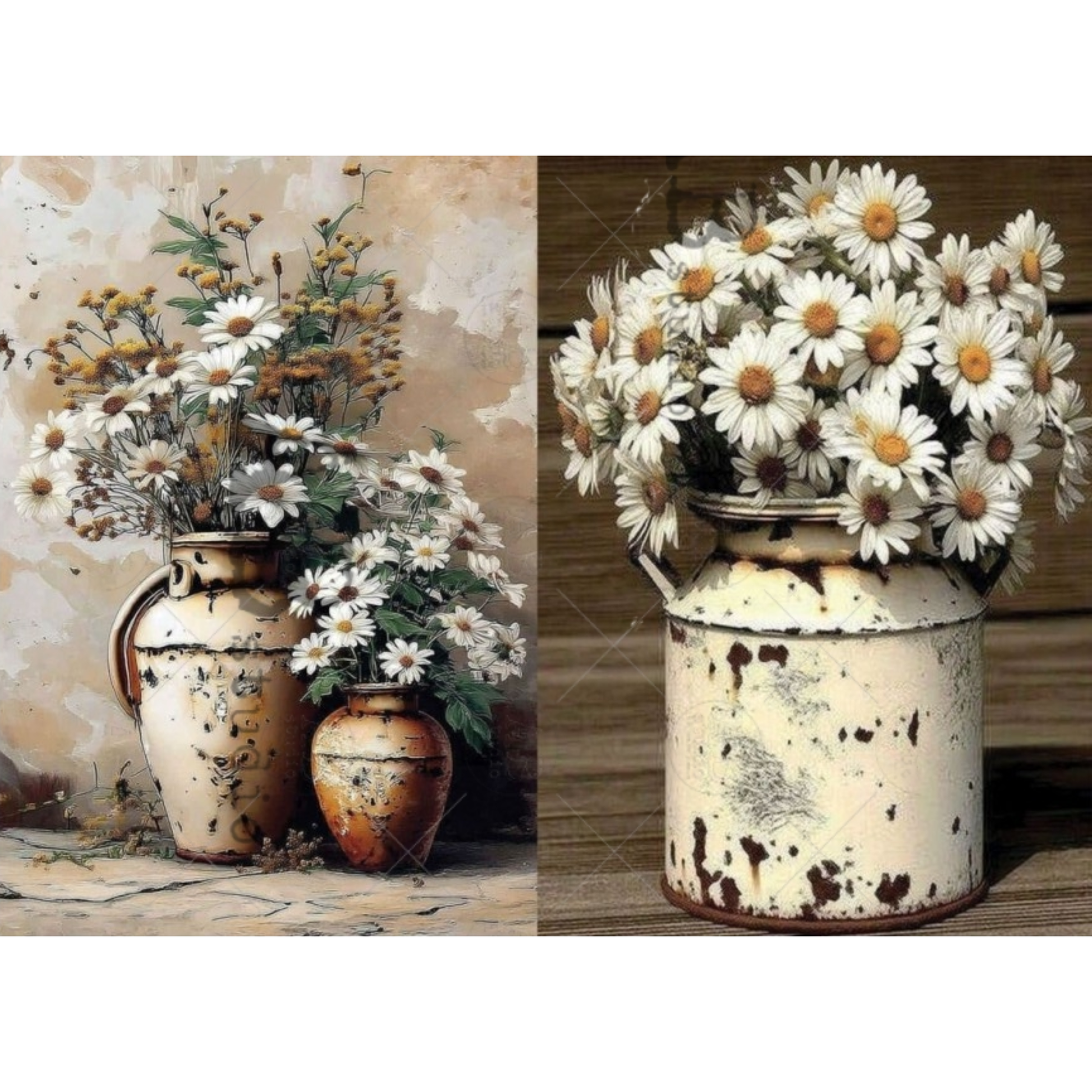Two rustic milk jugs with flowers against a textured wall and wooden surface.