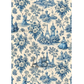 Blue floral and french-themed toile pattern on a beige background.