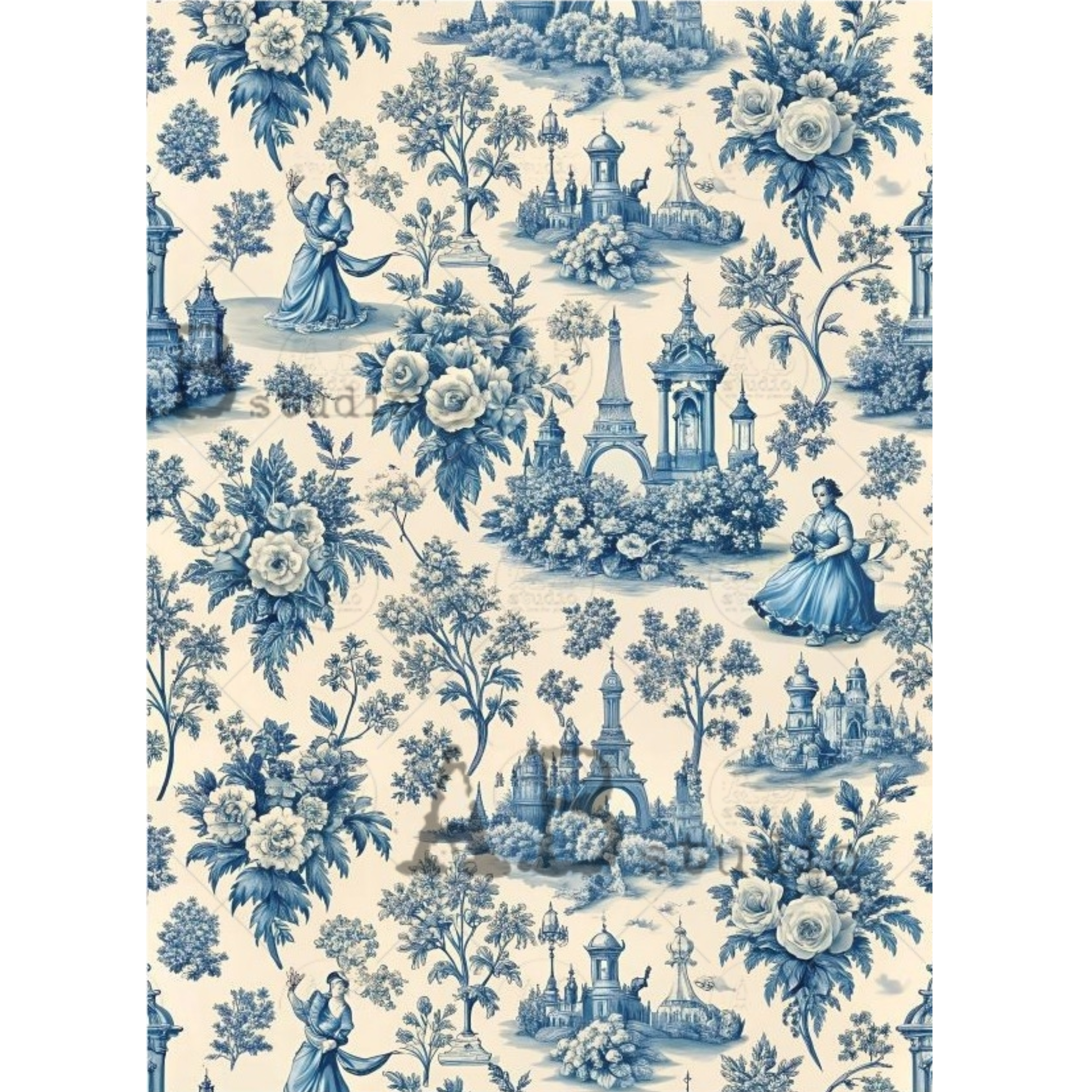 Blue floral and french-themed toile pattern on a beige background.