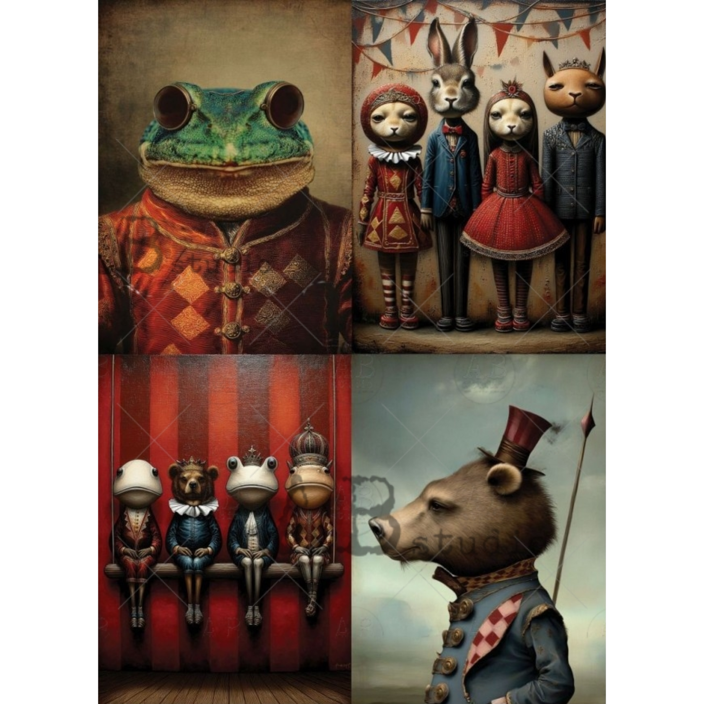 Collage of animal portraits in human period clothing with a frog, rabbit, bear, and pig.