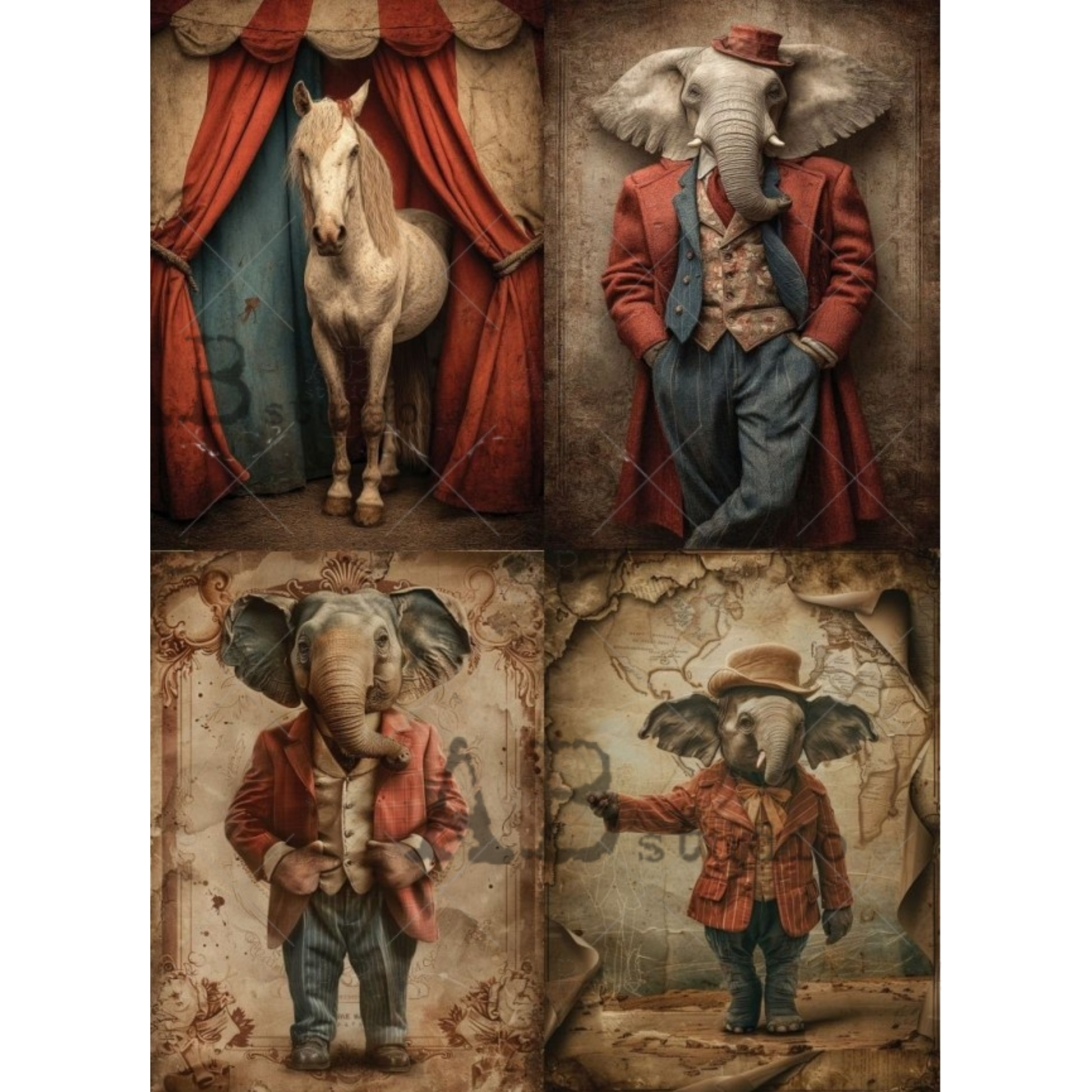 Collage of animals in human-like clothing with a vintage circus theme.