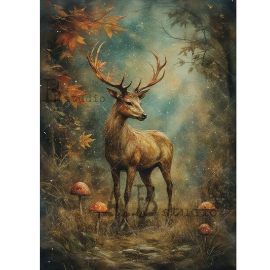 A fantasy-style forest scene featuring a stag with large antlers standing among mossy ground, orange autumn leaves, and small mushrooms. 