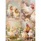 Four image collage of chicks and hens with floral elements.