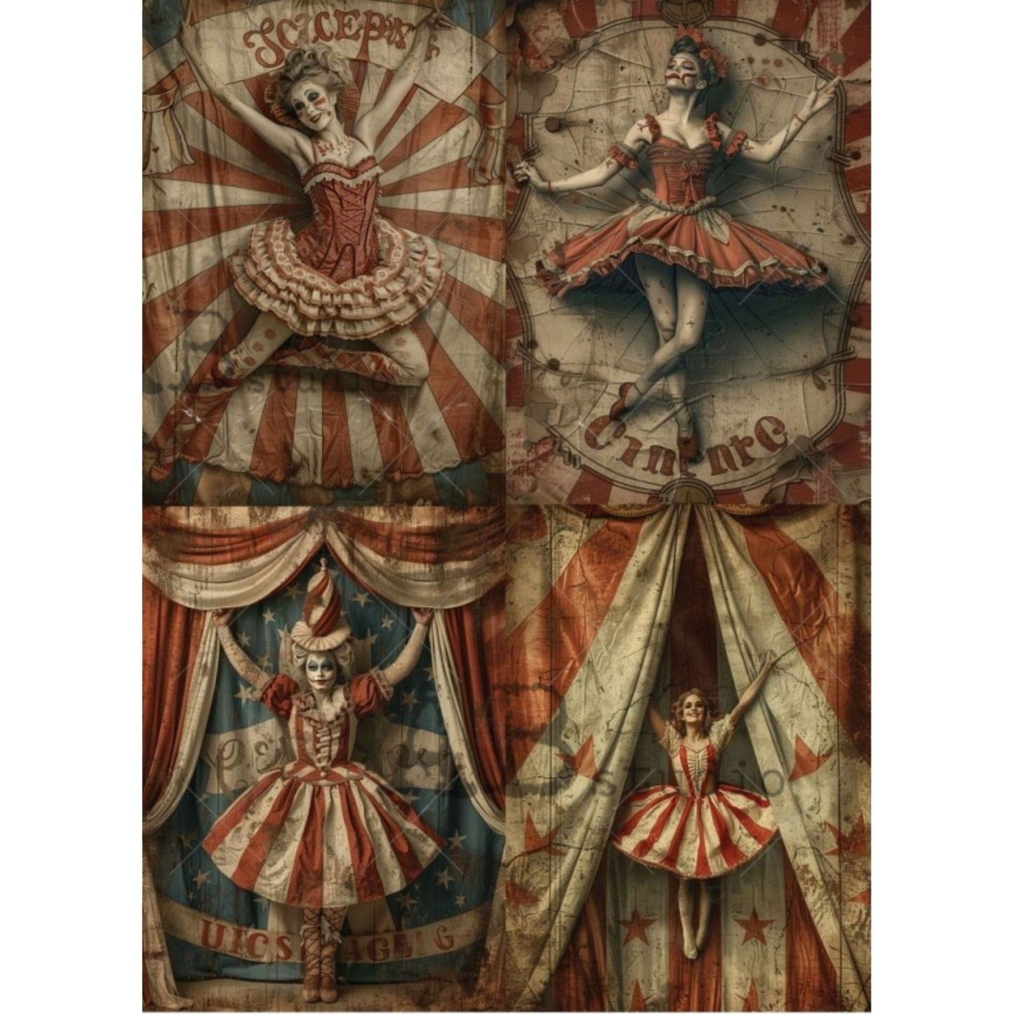 Vintage-style circus poster with performers and decorative elements.