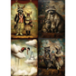 Four images featuring anthropomorphic raccoons and rabbits in circus themed settings.