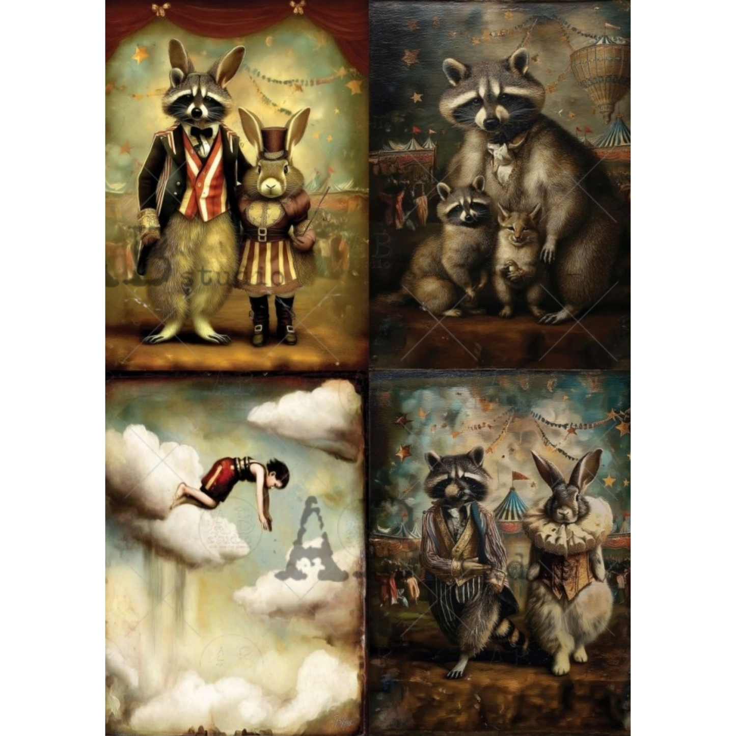 Four images featuring anthropomorphic raccoons and rabbits in circus themed settings.