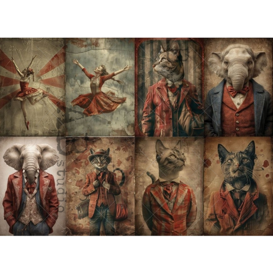 Collage of animal portraits in human clothing with a vintage style.