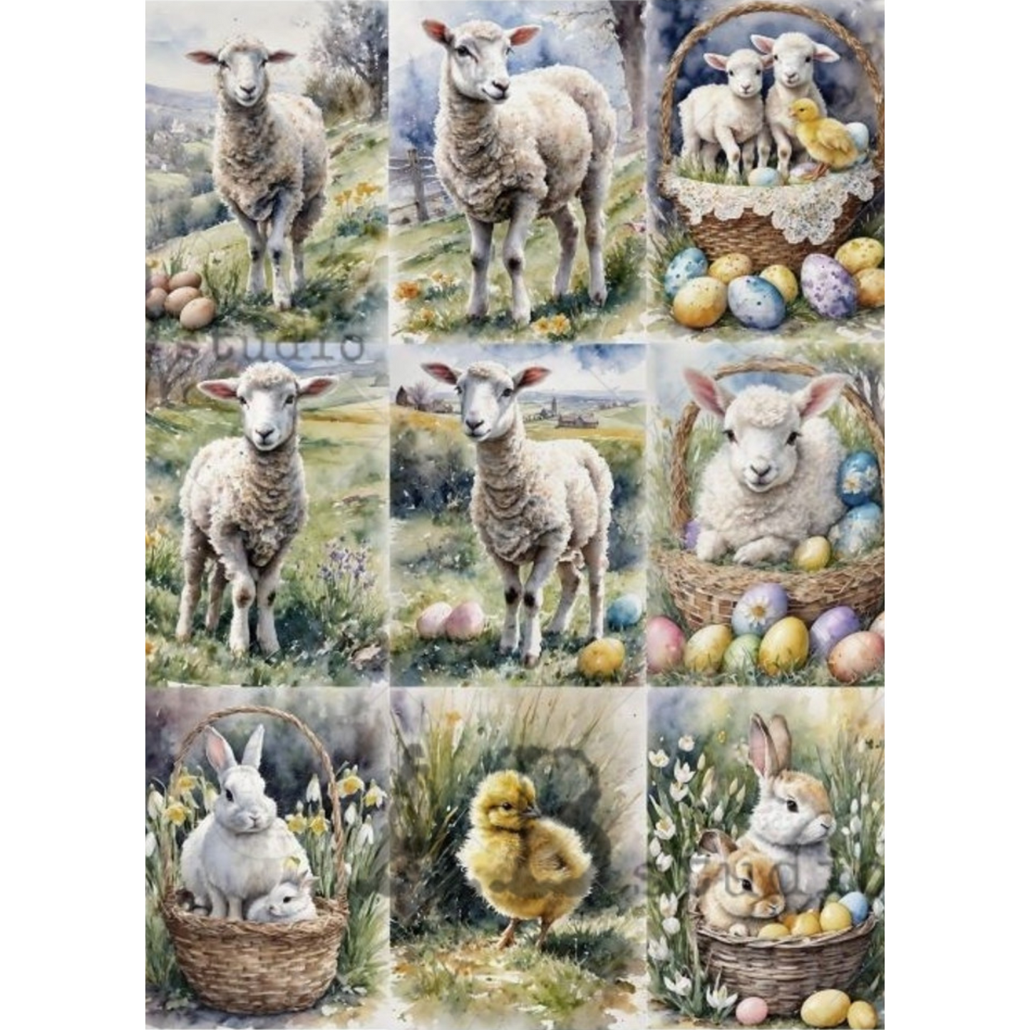 "9 Pack of Easter Lambs, Bunnies & Chicks" decoupage rice paper by AB Studio. Available at Milton's Daughter.