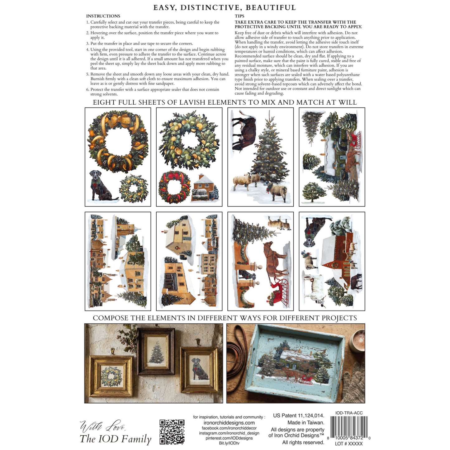 Back cover of IOD Transfer 'A Cotswold Christmas' showing the included eight designs, instructions, and a barcode. The cover features a white background with black text and a grid of colorful winter-themed illustrations including wreaths, a deer, a dog, a Christmas tree, and rustic frames.