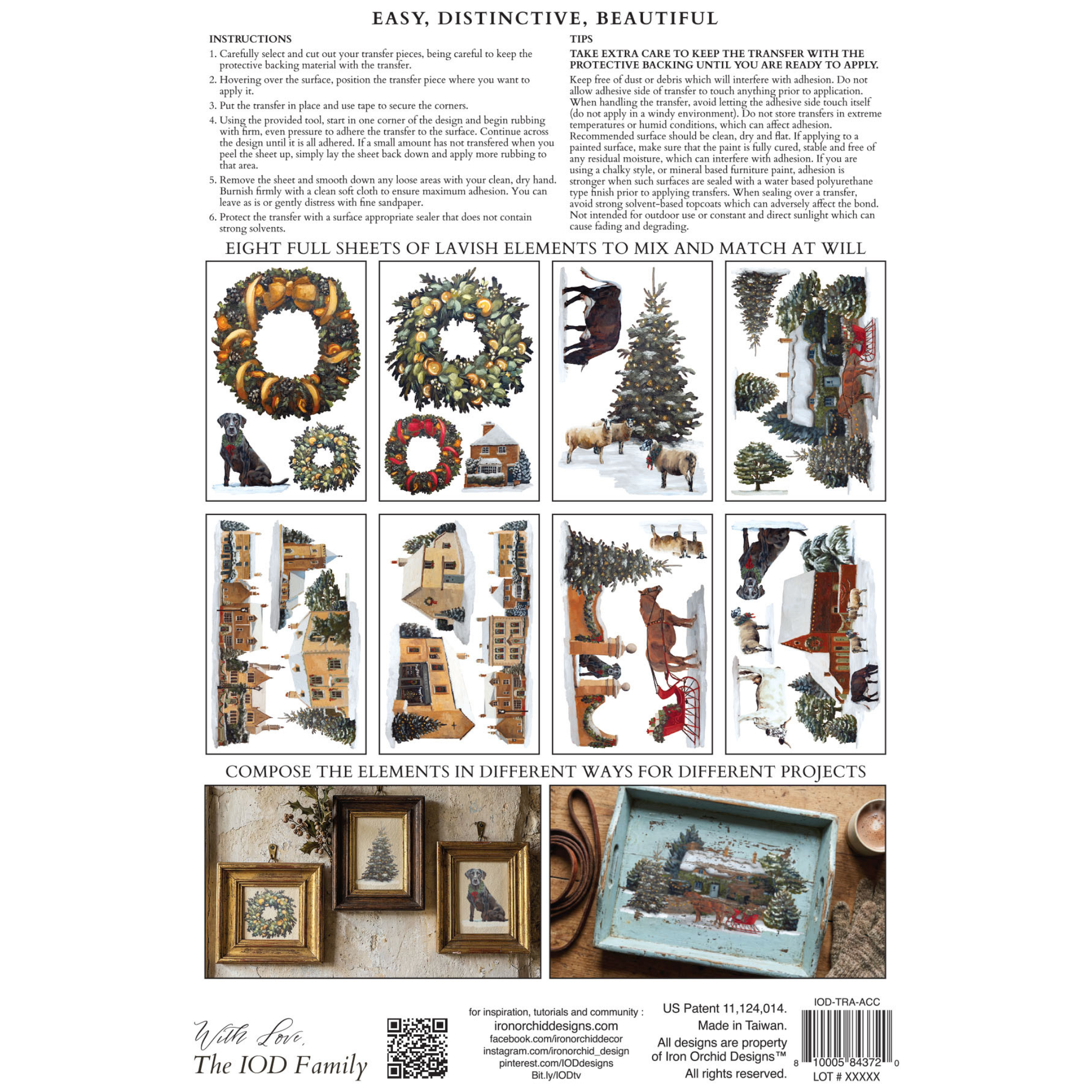 Back cover of IOD Transfer 'A Cotswold Christmas' showing the included eight designs, instructions, and a barcode. The cover features a white background with black text and a grid of colorful winter-themed illustrations including wreaths, a deer, a dog, a Christmas tree, and rustic frames.