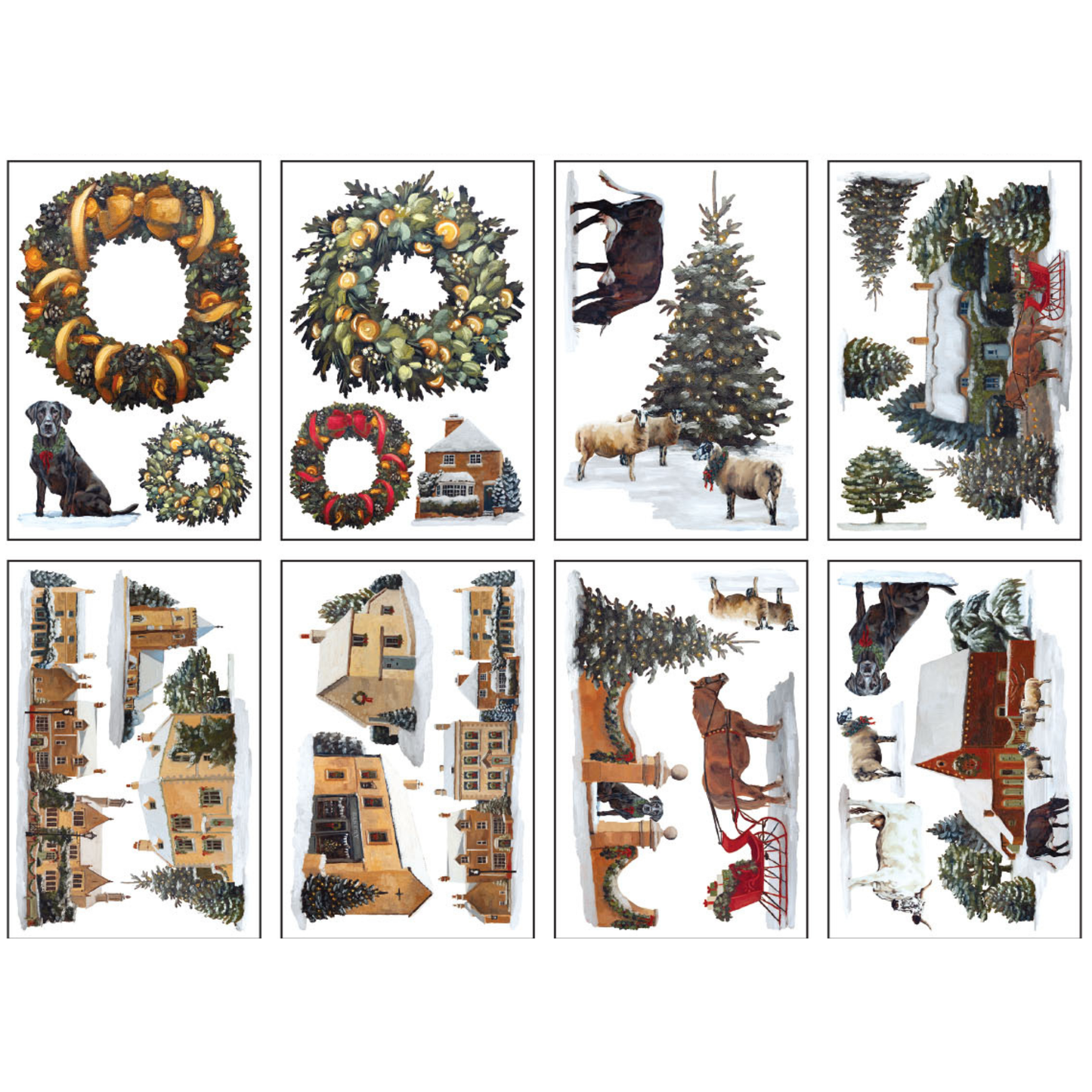 IOD Mini Transfer 'A Cotswold Christmas' -grid of eight Christmas-themed transfers on white backgrounds, including wreaths, a dog with a banana collar, a reindeer by a Christmas tree, snowy cabins, trees, and winter animals.